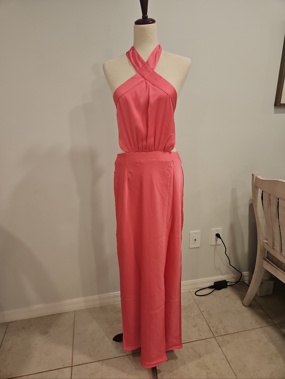 MINKPINK Finlay Halter Gown Pink Satin Maxi Dress Open Back Split Womens L NWT